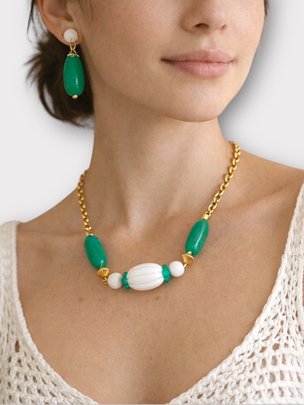 Vintage Avon Gold Tone Convertible Pierced Earrings & Green Beaded Necklace Set